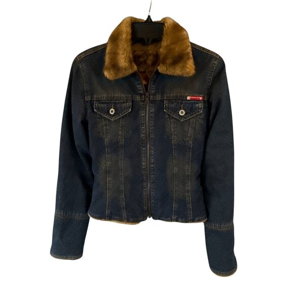 Guess Y2K Women's Denim Jacket Faux Fur Collar Sherpa Lined Vintage Size Small - Picture 2 of 12